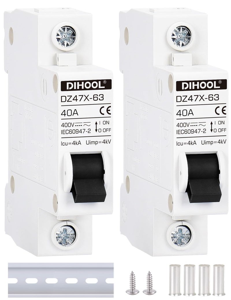 DIHOOL AC/DC Miniature Circuit Breakers, 2 Pack, Single Pole 40 Amp, 12V 24V 48V 400V, Non Polarized, Solar Disconnect Switch, DIN Rail Mount, RV Battery Isolator, PV Array MCB, Thermal Magnetic Trip - Image 1
